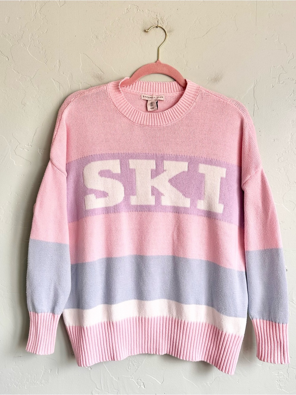 Sincerly Jules Pastel Pink SKI Lodge Striped Knit Sweater S. Winter Cottagecore